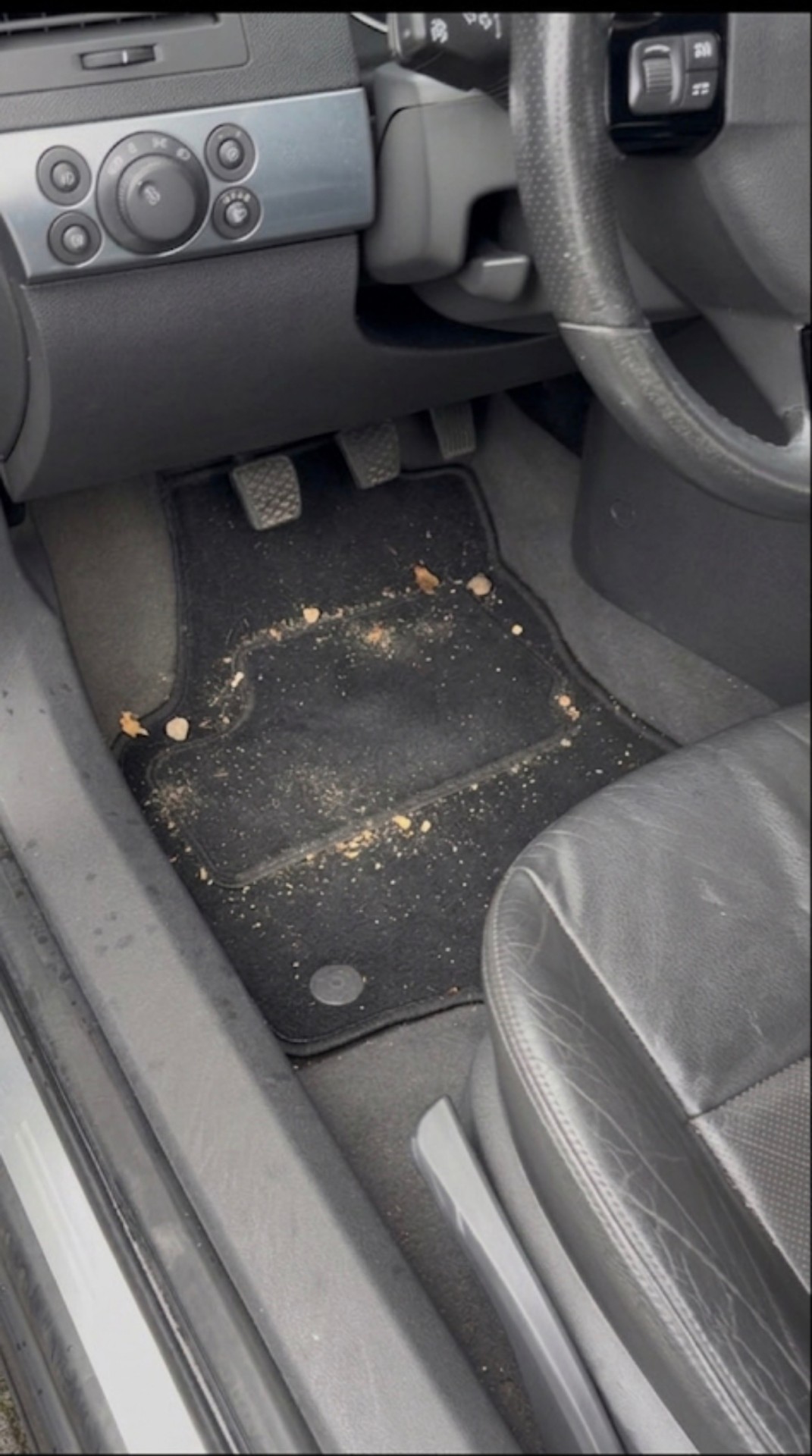 Stark verschmutzte Auto-Fußmatten mit Krümeln und Staub vor und nach der Tiefenreinigung – Vorher